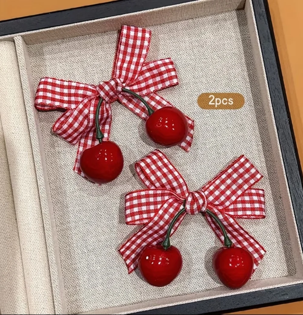 2pc Red & White Gingham Bow Hairclips With Ripe Red Cherries (OS)  🎀🍒🎀🍒